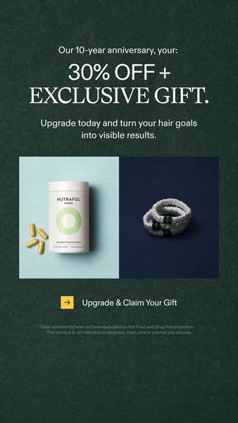 This image ad is promoting Nutrafol Women, an exclusive gift, and a 30% off offer as part of the brand's 10-year ann