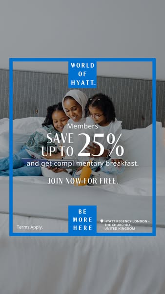 The ad features an offer for World of Hyatt members to save up to 25% and get complimentary breakfast when they book a s