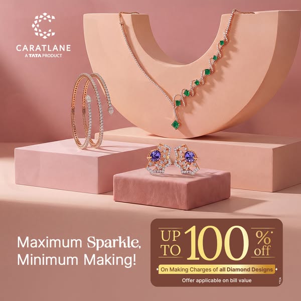This image ad showcases CaratLane jewelry and promotes an offer of up to 100% off making charges on all diamond designs.