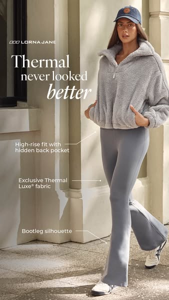 This ad for Lorna Jane clothing promotes the brand's thermal wear with specific callouts to their design and materia