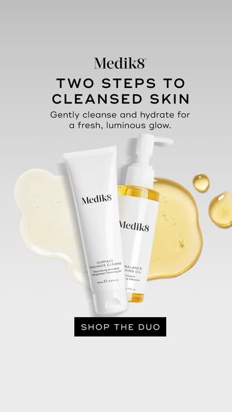 The ad promotes Medik8's two-step skincare routine for cleansed skin, highlighting the cleansing and hydrating benef