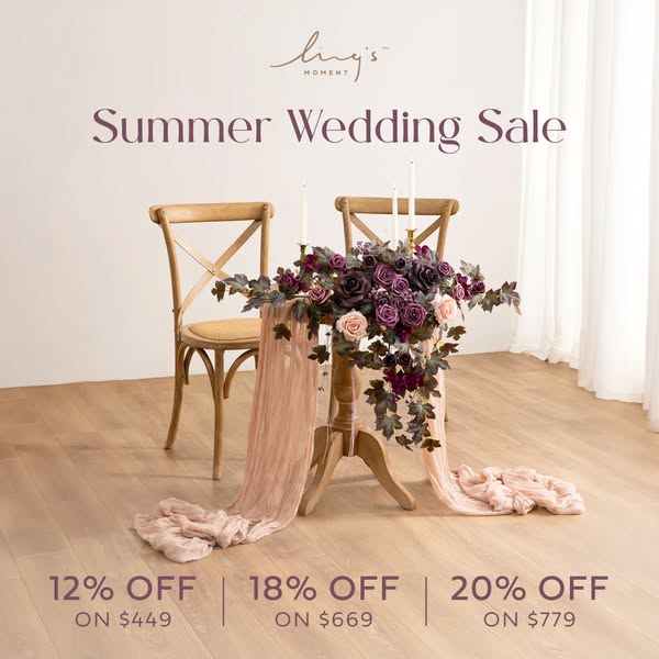 An ad for Ling's Moment flower arrangements and décor features a table arrangement for a summer wedding on sale, wit