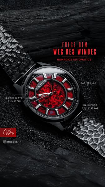 This image ad showcases a HolzKern watch with a textured black and red design, highlighting its unique features such as 