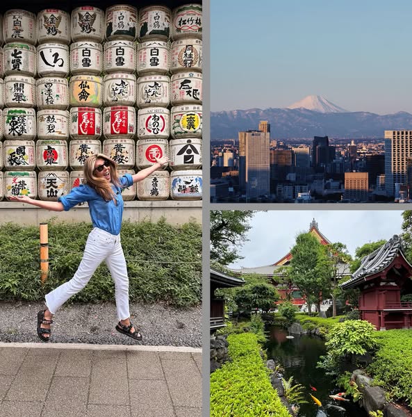 A collage of different sites in Japan. The ad features a woman in a light blue shirt and white pants jumping in front of