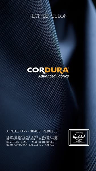 This ad highlights the Tech Division line from Herschel, focusing on its military-grade rebuild and use of Cordura Balli