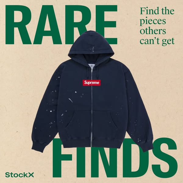 This ad showcases a Supreme zip-up hoodie with a focus on its exclusivity and availability through StockX.