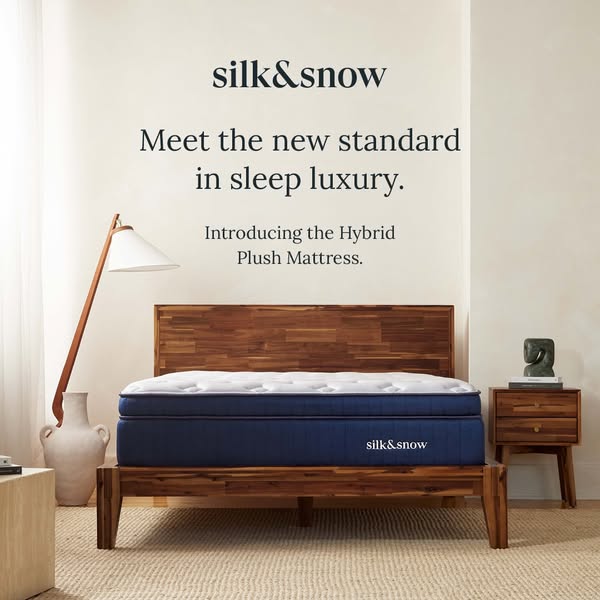 This ad promotes Silk & Snow's Hybrid Plush Mattress as a new standard in sleep luxury.