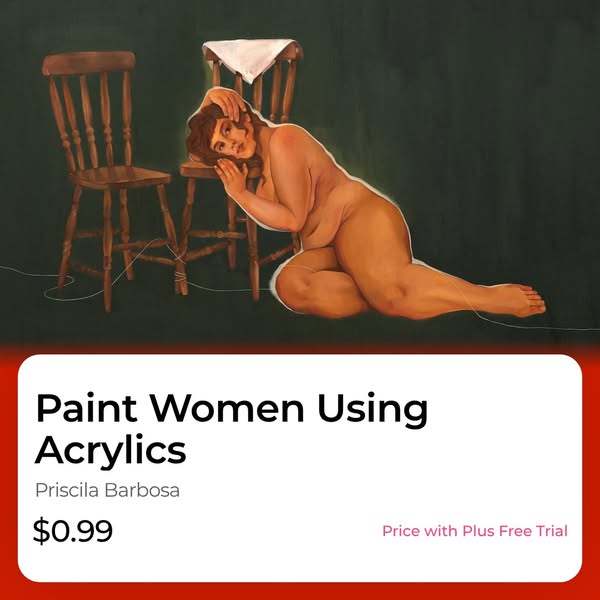 The ad promotes a course or tutorial on how to paint women using acrylics. The course is taught by Priscilla Barbosa and