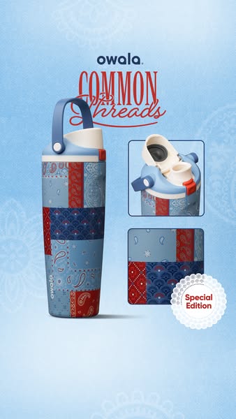 This ad showcases a special edition Owala water bottle with a patchwork design. The ad emphasizes the bottle's aesth