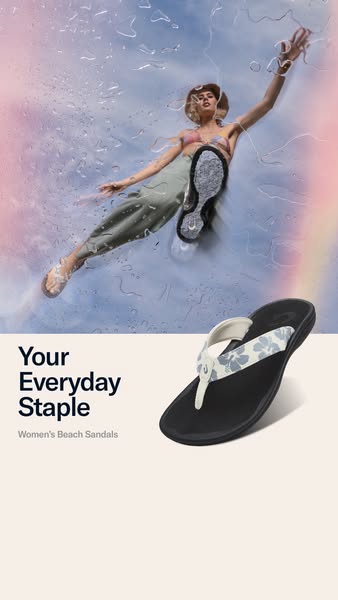 Ad for beach sandals featuring a woman with the sandals on, with the ad highlighting that they are an everyday staple.