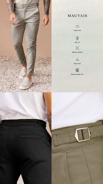 This is an image ad for Mauvais pants, which touts the pants as being super soft, slim fit, medium stretch, easy care, a