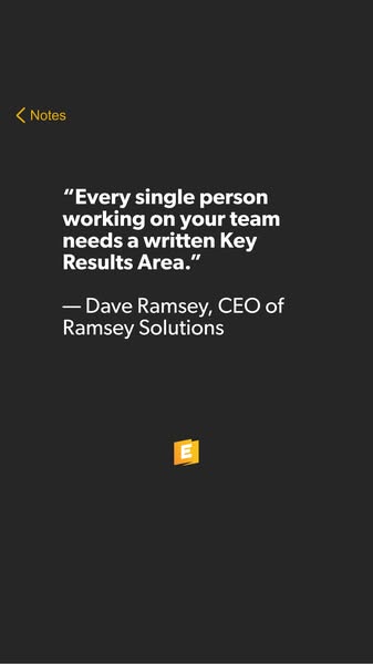 The ad uses a quote from Dave Ramsey, CEO of Ramsey Solutions, emphasizing the importance of a written Key Results Area 