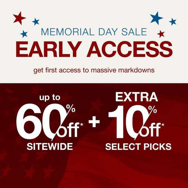 An image ad for a Memorial Day sale offering early access to markdowns. The ad highlights a sitewide discount of up to 6