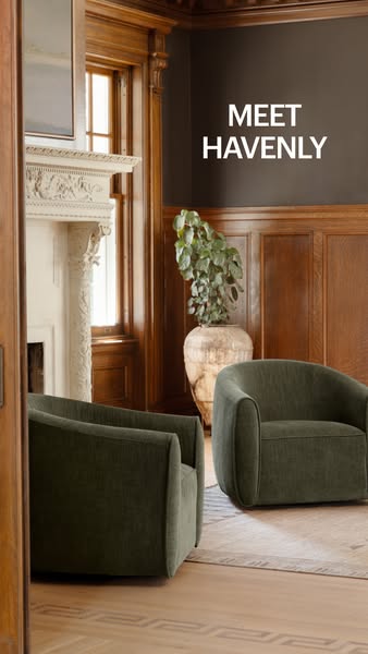 This ad introduces the brand Havenly, showcasing two green chairs in a well-designed living room.