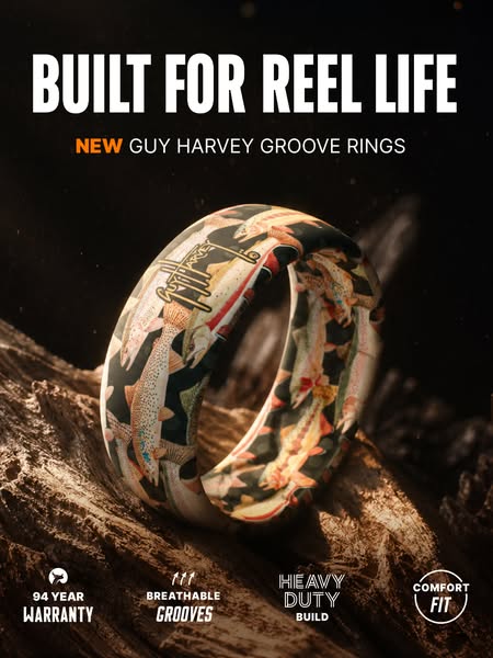 This ad showcases a Guy Harvey Groove Ring, highlighting its durability and comfort for active lifestyles.