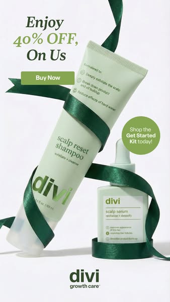 This image ad for Divi promotes their Scalp Reset Shampoo and Scalp Serum. It highlights key features and benefits of ea