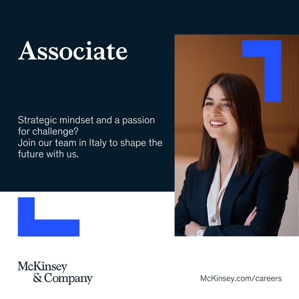 This image ad for McKinsey & Company is advertising an open position for an Associate in Italy. The ad features a pr