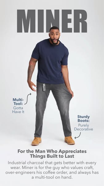 This ad showcases Miner brand pants. The ad features a man standing in the middle of the frame wearing Miner brand pants
