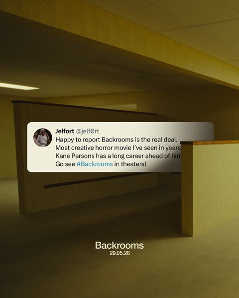 This ad uses a tweet screenshot to create social proof for the horror movie "Backrooms."