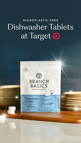 This ad showcases Branch Basics Dishwasher Tablets, emphasizing their microplastic-free and fragrance-free qualities. It