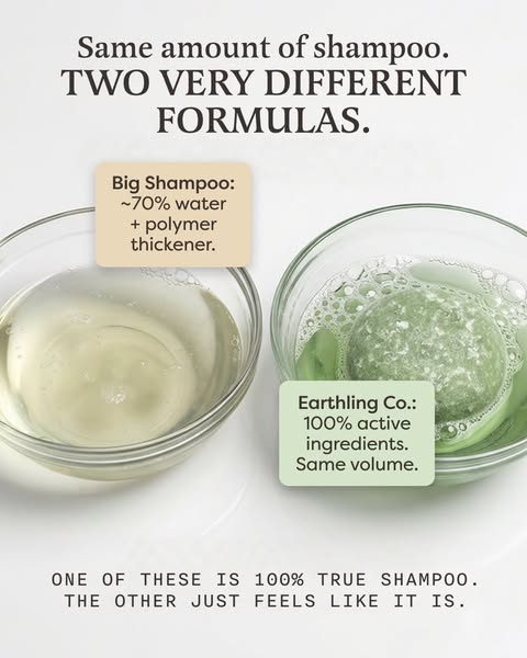 This ad uses a side-by-side comparison to demonstrate that Earthling Co. shampoo contains 100% active ingredients, unlik