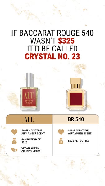 This ad compares ALT. Crystal No. 23 perfume to Baccarat Rouge 540, noting their similar scents but different prices. Th