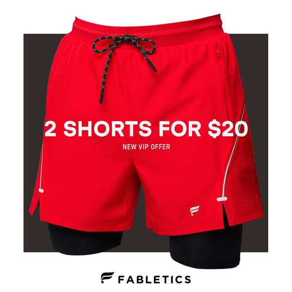 This ad promotes Fabletics running shorts and advertises an offer where VIP members can buy two pairs for $20.