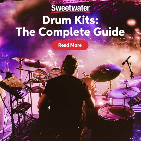 This ad promotes Sweetwater's complete guide to drum kits. The ad shows a drummer mid-performance, a scene with a vi