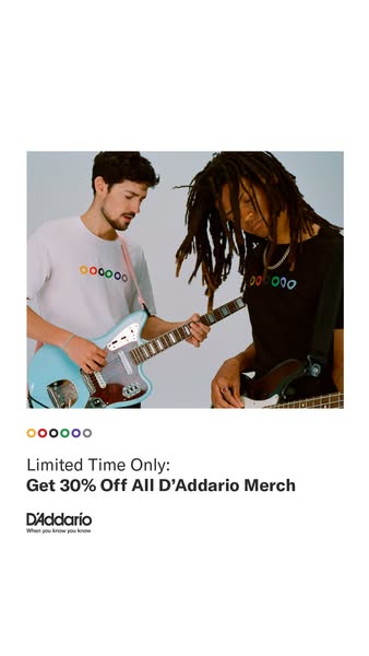 This ad promotes D'Addario merch with a limited-time offer of 30% off. It features two models playing guitars and we