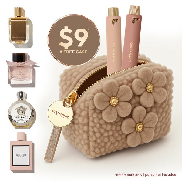 This image ad by Scentbird features an arrangement of fragrance bottles alongside a cosmetic bag containing two Scentbir