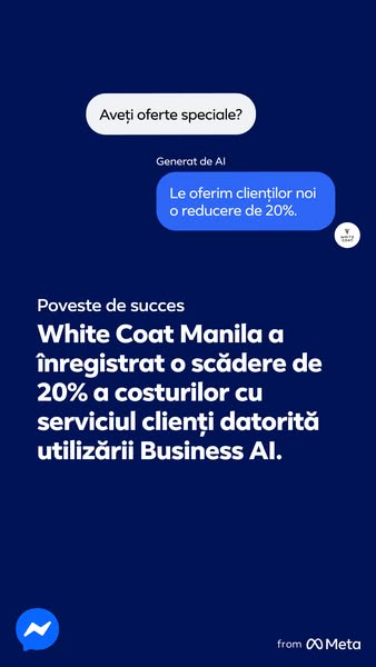This Meta ad uses a simulated message thread to show how using Business AI for customer service led to a 20% reduction i