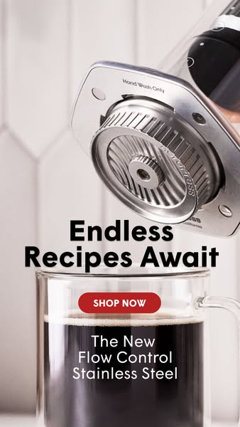 The ad showcases a stainless steel flow control add-on for the Fellow Prismo AeroPress Attachment, highlighting its abil