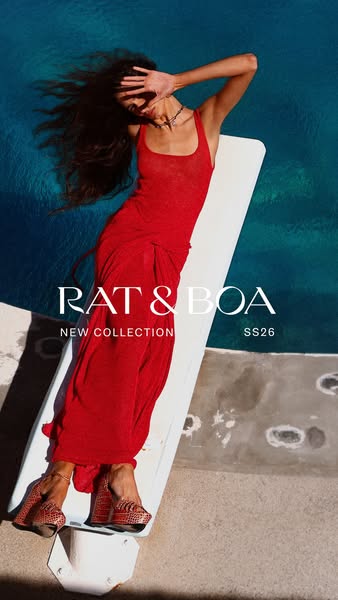 This image ad promotes the new collection from Rat & Boa, featuring a woman wearing a red dress and shoes from the b
