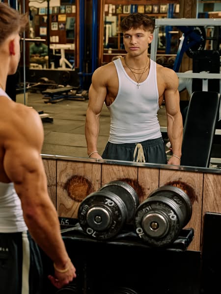 A handsome man is shown in a gym setting in front of a mirror showing off his arm muscles. There are weights and equipme