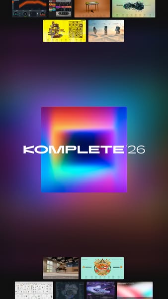 This ad promotes Komplete 26, highlighting its extensive sound library with visuals of instrument samples, creative opti