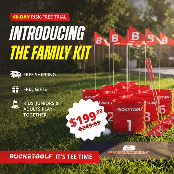 This image ad presents BucketGolf as an exciting and engaging outdoor game for families and groups. It features the prod