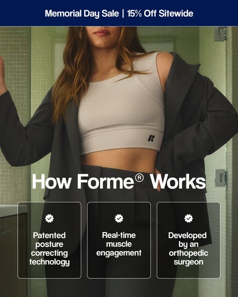 This ad for Forme promotes a Memorial Day sale of 15% off sitewide and features the Forme correcting technology that imp