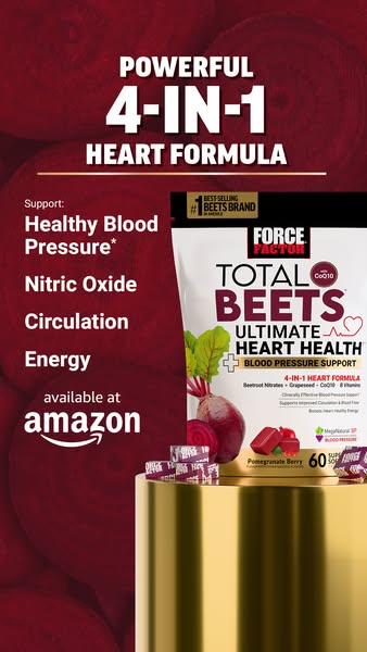 This ad promotes Force Factor Total Beets, a heart health supplement. The image highlights the product's key ingredi