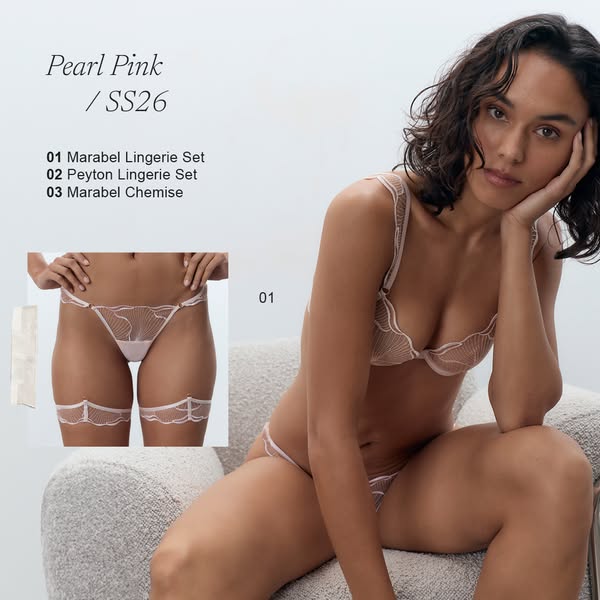 This image ad showcases a lingerie brand's new collection, highlighting three different sets in a soft, elegant styl