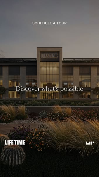 This image ad for Life Time promotes 'discovering what's possible' by showcasing a high-end building and lan