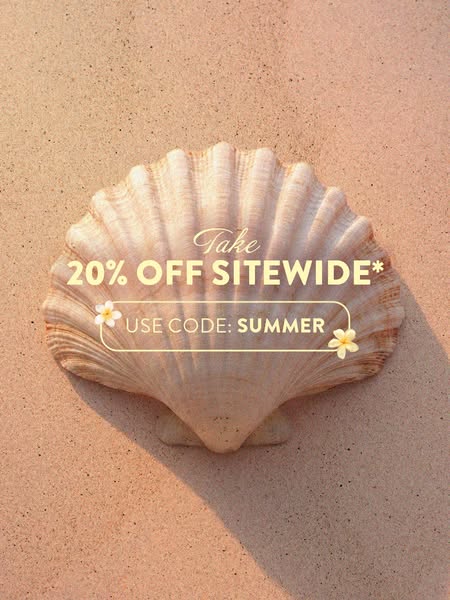 This is an image ad promoting a 20% off sitewide summer sale. The image shows a seashell on a sandy surface.