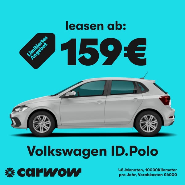 This image ad features a white Volkswagen ID.Polo against a turquoise background. Text highlights a lease offer starting