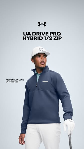 This image ad showcases the Under Armour Drive Pro Hybrid 1/2 Zip. The ad features Kieron Van Wyk, an Under Armour tour 
