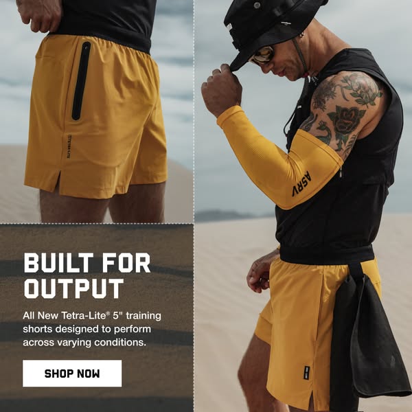 This image ad showcases the ASRV brand's Tetra-Lite 5" training shorts, emphasizing their design for optimal pe