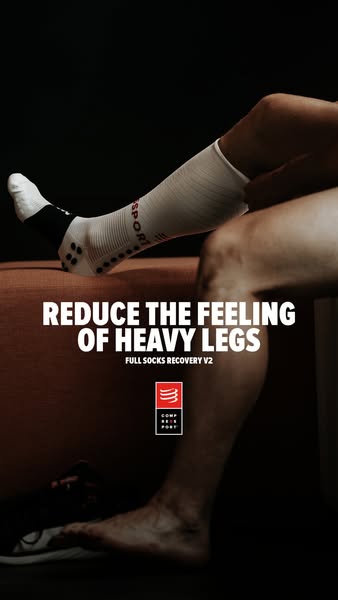 This ad promotes recovery socks by highlighting their benefit of reducing the feeling of heavy legs. The ad features a c