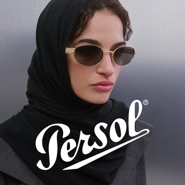 This ad features a person wearing Persol sunglasses. The ad showcases the sunglasses against a simple background with th