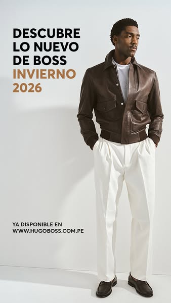 This ad for Hugo Boss features a dark-haired man wearing clothing from the brand's new winter 2026 collection. The a