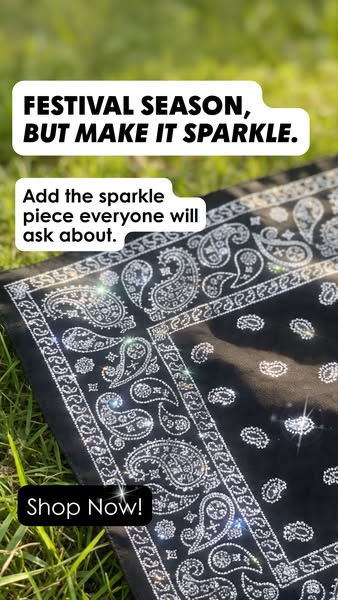 The image ad features a black bandana with white paisley patterns, enhanced with small, reflective gems or glitter to ad