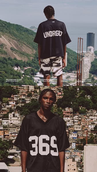 This ad showcases streetwear clothing from UNDRGLD. The scene is set in a favela in Brazil, the clothing looks to be t-s