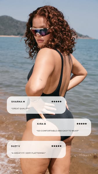 The ad is for a black, one-piece swimsuit and uses the customer testimonial format to show the positive reception that t